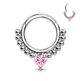 Single Hinged Segment Hypoallergenic Hoop With Front Facing Heart Prong Set CZ And Beads