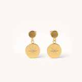 Pair of gold earrings with star designs on a white background