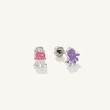 A pair of kids purple octopus and pink jellyfish flat back earrings.