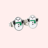 A pair of silver-colored hypoallergenic Christmas earrings featuring a snowman design.