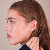 A girl wearing a pair of Christmas snowman stud earrings against a beige background.