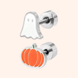 Pair of Halloween-themed earrings, one ghost-shaped and one pumpkin-shaped, on a light beige background.