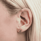 Close up of a woman wearing a gold spider earring.