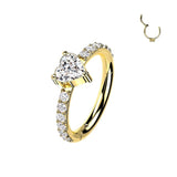 Single Hinged Heart CZ Segment Titanium Hoop With CZ Paved Sides