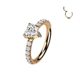 Single Hinged Heart CZ Segment Titanium Hoop With CZ Paved Sides