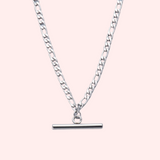 A silver stainless steel Figaro link bar pendant necklace with a chain length of 40cm and a bar pendant of 20mm.