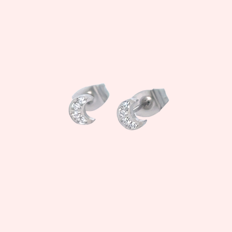 Moon studs in silver with cubic zirconia detail