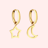 Open Star & Moon Hypoallergenic Huggie Earrings