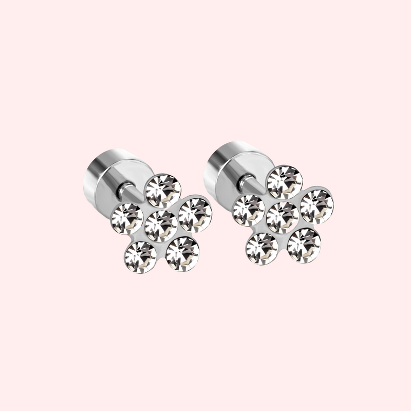 Cubic Zirconia Flower Hypoallergenic Flat Back Stud Earring