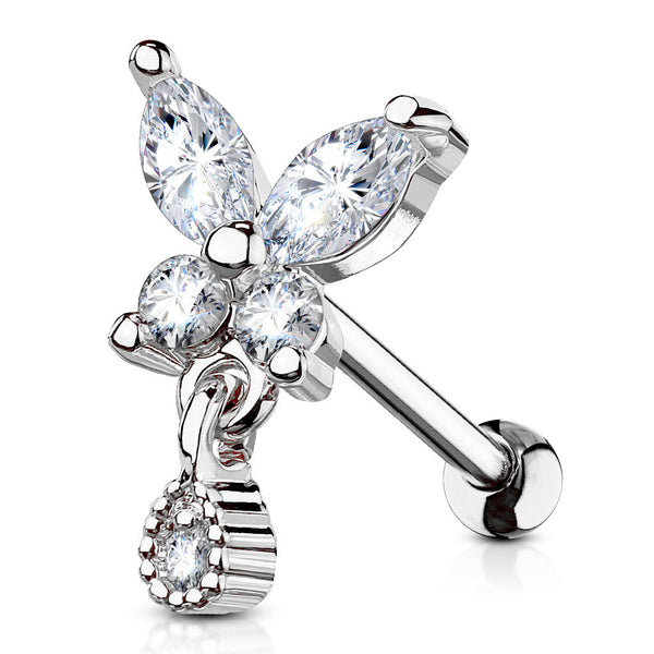 Stainless Steel CZ Butterfly Barbell with Tear Drop Dangle
