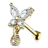 Stainless Steel CZ Butterfly Barbell with Tear Drop Dangle