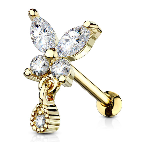 Stainless Steel CZ Butterfly Barbell with Tear Drop Dangle