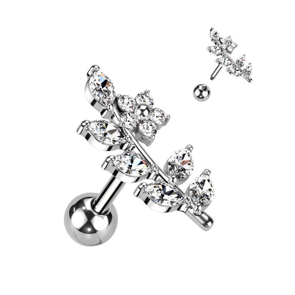Stainless Steel CZ Flower & Vine Barbell