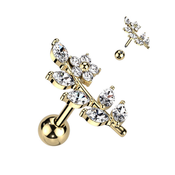 Stainless Steel CZ Flower & Vine Barbell