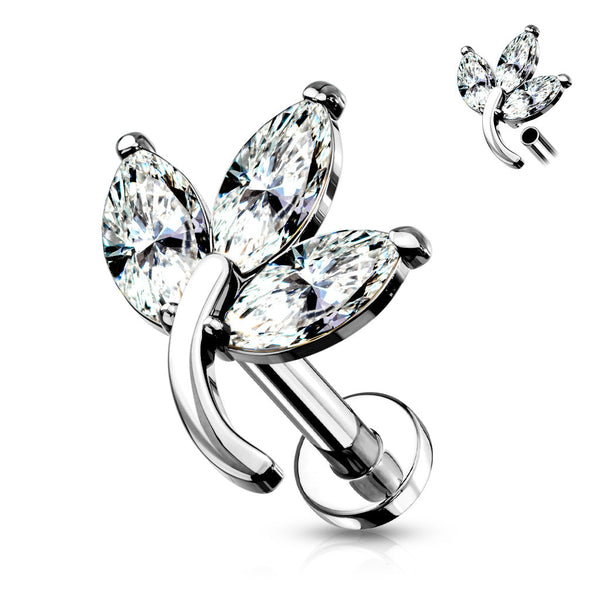 Stainless Steel 3 Marquise CZ Leaf Flat Back Labret