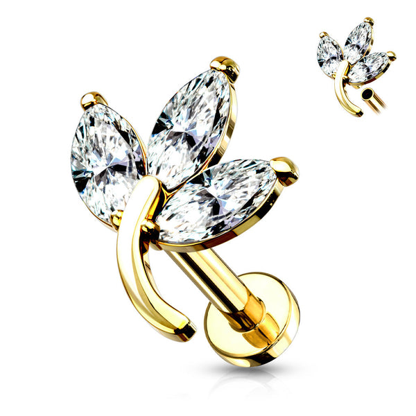 Stainless Steel 3 Marquise CZ Leaf Flat Back Labret