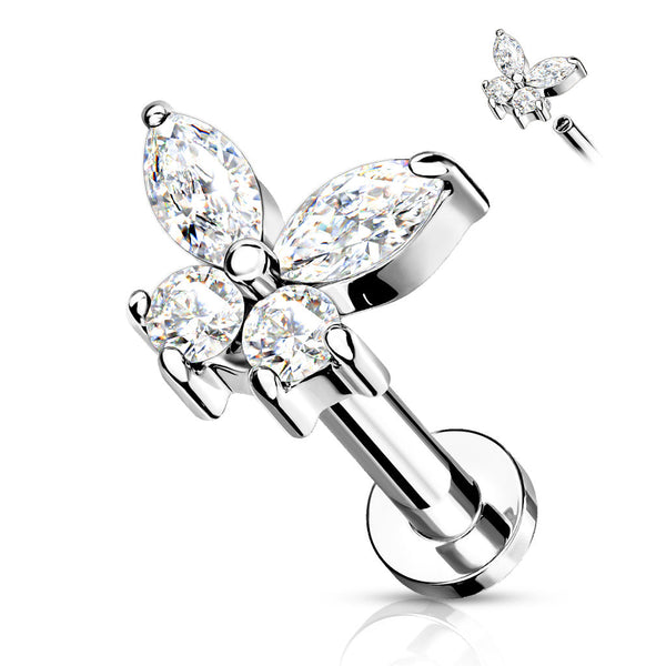 Stainless Steel Internally Threaded CZ Butterfly Labret