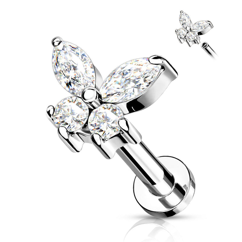 Stainless Steel Internally Threaded CZ Butterfly Labret