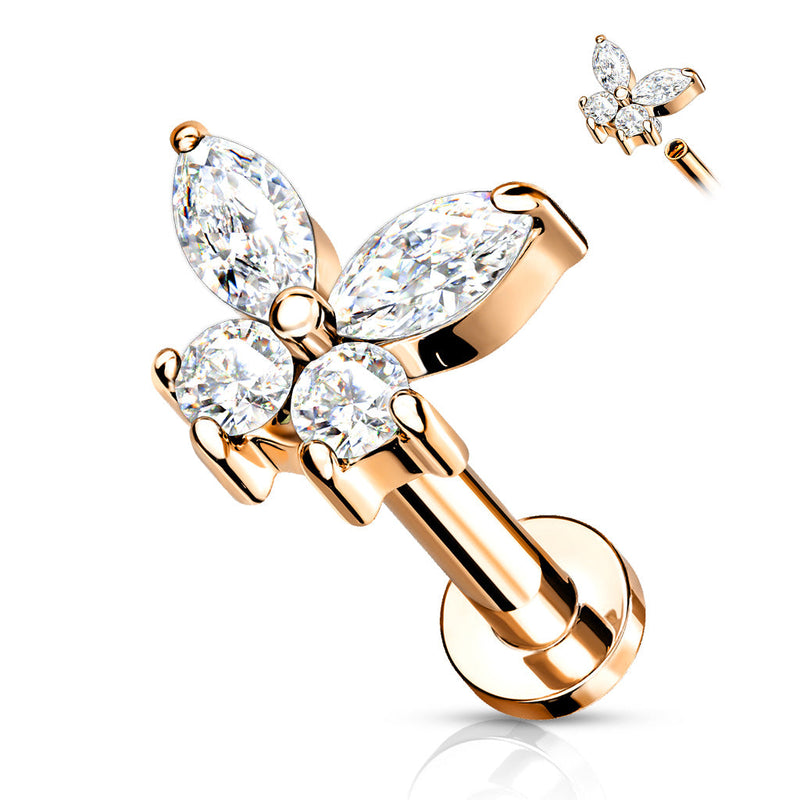 Stainless Steel Internally Threaded CZ Butterfly Labret