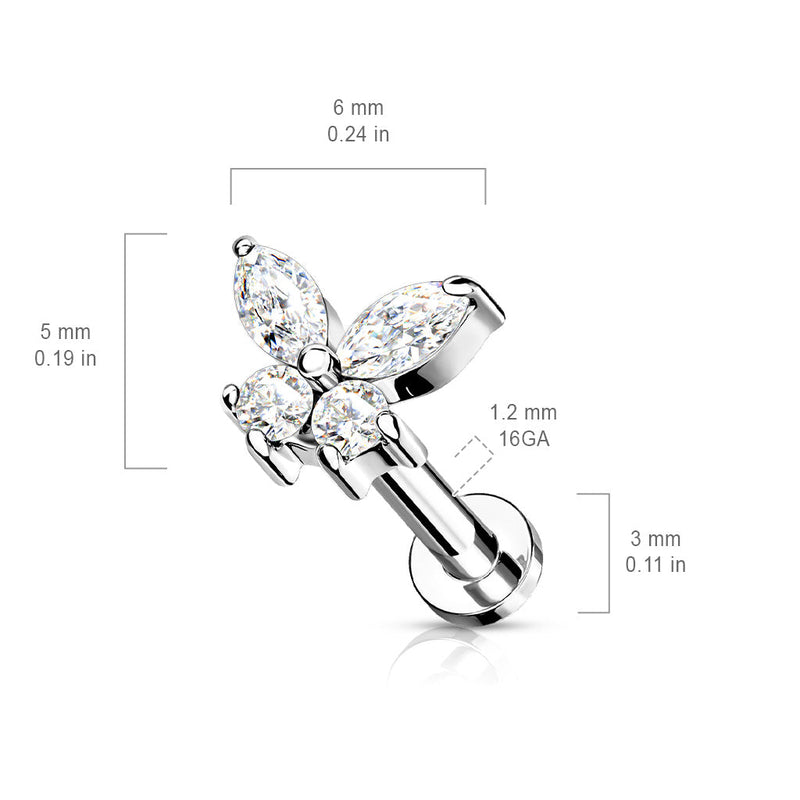 Stainless Steel Internally Threaded CZ Butterfly Labret