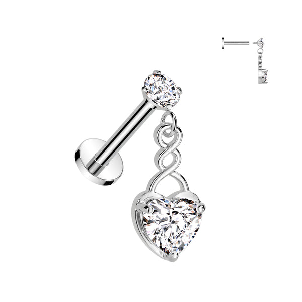 Single Prong-Set Hypoallergenic Labret with CZ Heart Dangle