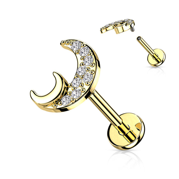 Stainless Steel CZ Double Moon Flat Back Labret