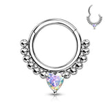 Single Hinged Segment Hypoallergenic Hoop With Front Facing Heart Prong Set CZ And Beads