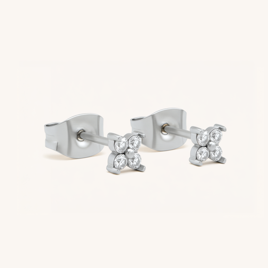 Pair of silver earrings with small diamonds on a white background