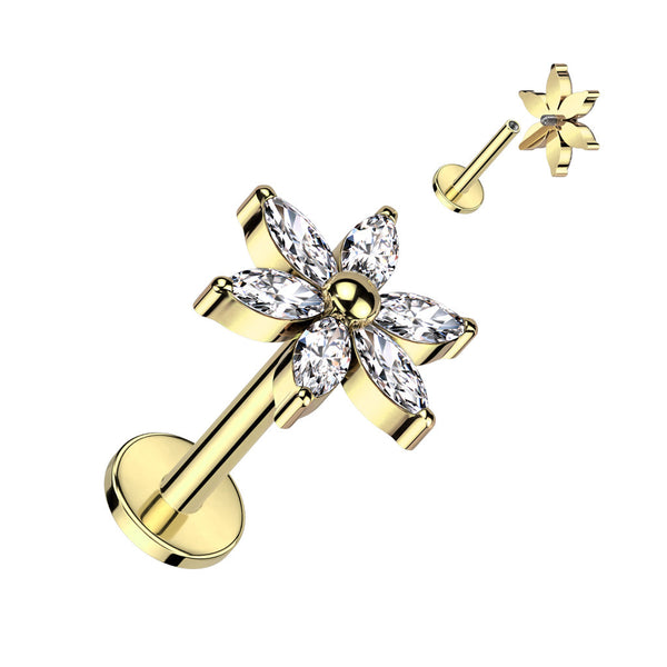 Titanium Internally Threaded 6 Marquise CZ Petals Flower Labret