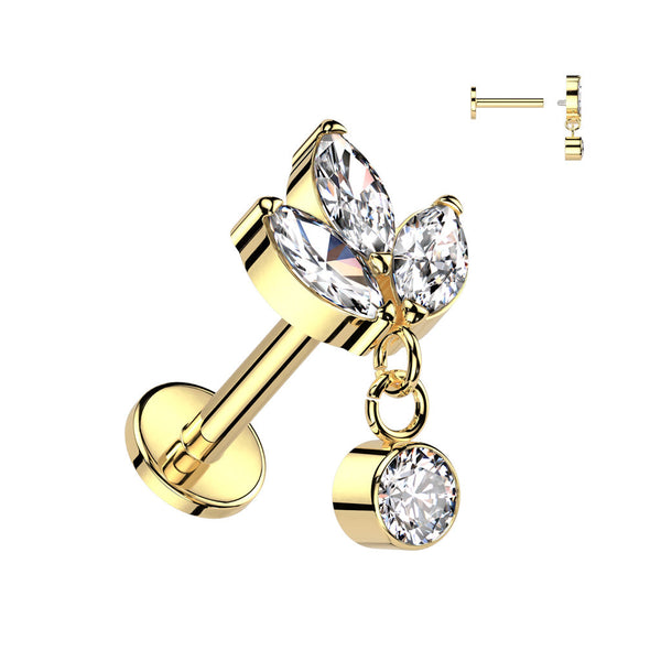 Titanium Internally Threaded Labret with Triple Marquise and Round Dangling Crystal