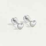 Bead trim heart hypoallergenic flat back stud earring in silver on white background
