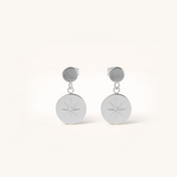 Pair of silver earrings on a white background