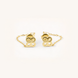 Gold clover-shaped earrings on a white background