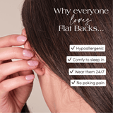 A girl showing flat back earrings with text highlighting key benefits.