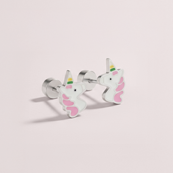 Kids unicorn hypoallergenic flat back earrings in silver on white background
