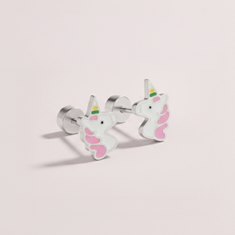 Kids unicorn hypoallergenic flat back earrings in silver on white background
