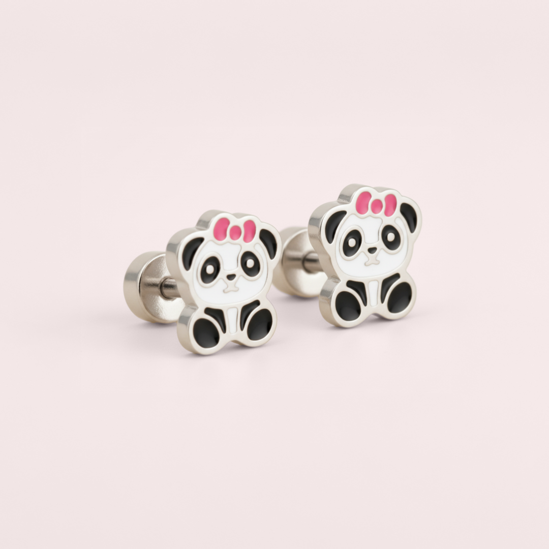 Panda bow hypoallergenic flat back earrings in silver on white background