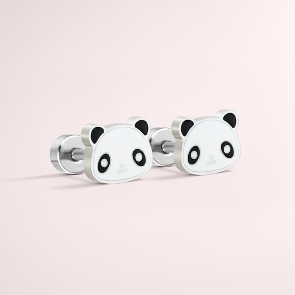 Panda hypoallergenic flat back earrings in silver on white background.
