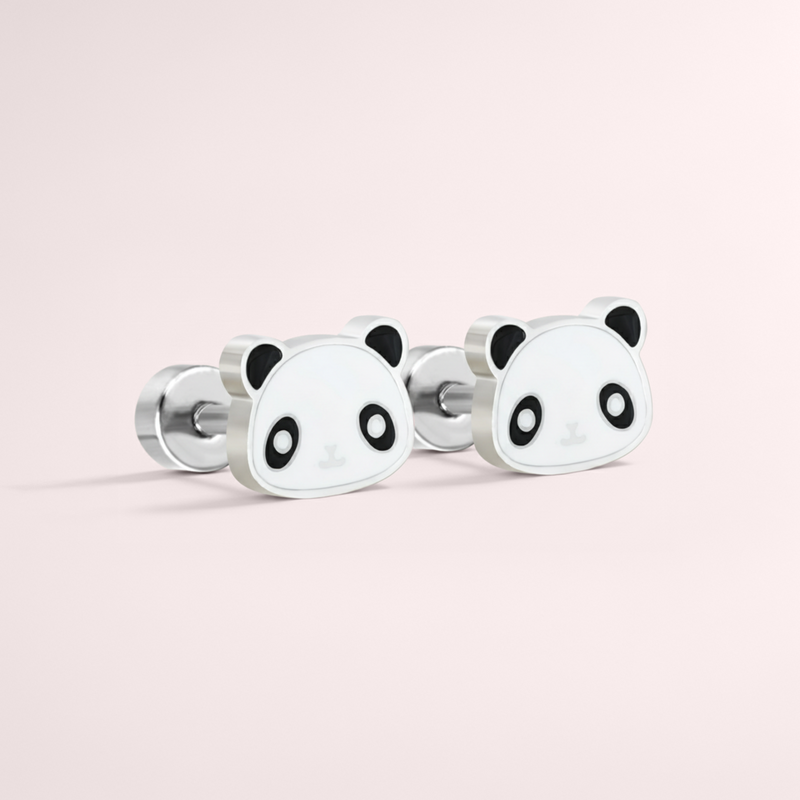 Panda hypoallergenic flat back earrings in silver on white background.