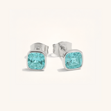 Pair of silver stud earrings with blue gemstones on a white background