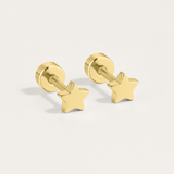 Star flat back stud earring in gold on white background.
