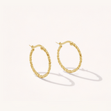 Gold hoop earrings on a white background